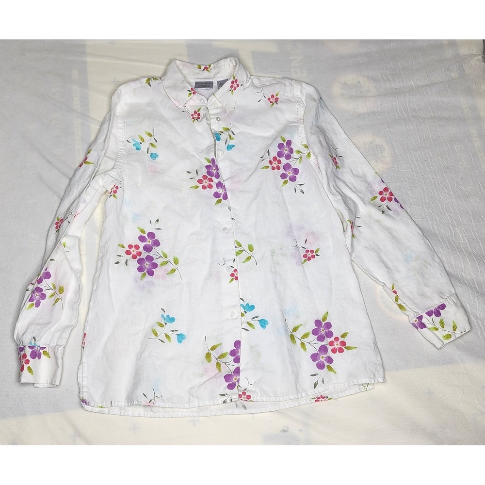 Sutton Studio Bloomingdales Floral Button‎ Down Top Women's Medium  100% linen